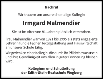 Todesanzeige von Irmgard Malmendier von Rheinische Post