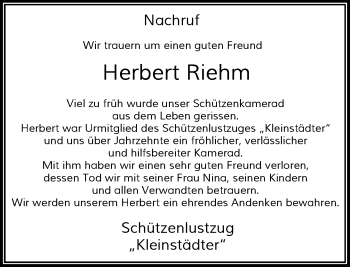 Todesanzeige von Herbert Riehm von Rheinische Post
