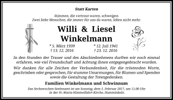 Todesanzeige von Willi und Liesel Winkelmann von Rheinische Post