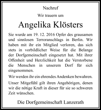 Todesanzeige von Angelika Klösters von Rheinische Post