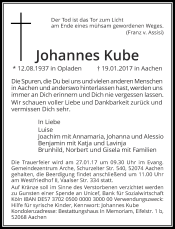Todesanzeige von Johannes Kube von Rheinische Post