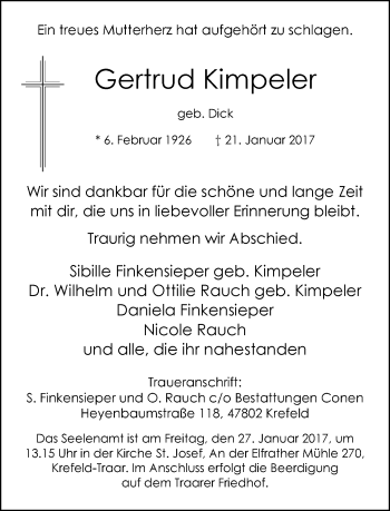 Todesanzeige von Gertrud Kimpeler von Rheinische Post
