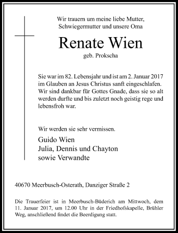Todesanzeige von Renate Wien von Rheinische Post