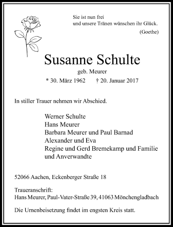 Todesanzeige von Susanne Schulte von Rheinische Post