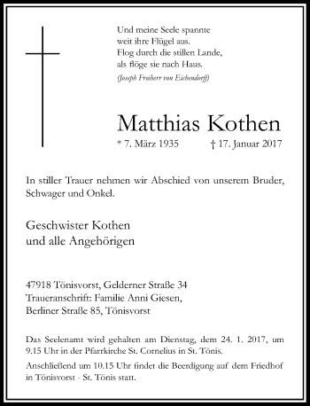 Todesanzeige von Matthias Kothen von Rheinische Post
