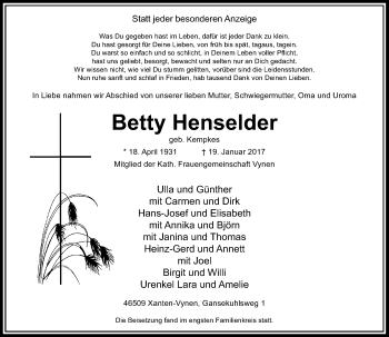 Todesanzeige von Betty Henselder von Rheinische Post