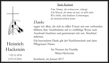 Todesanzeige von Heinrich Hackstein von Rheinische Post