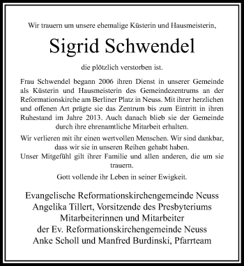 Todesanzeige von Sigrid Schwendel von Rheinische Post