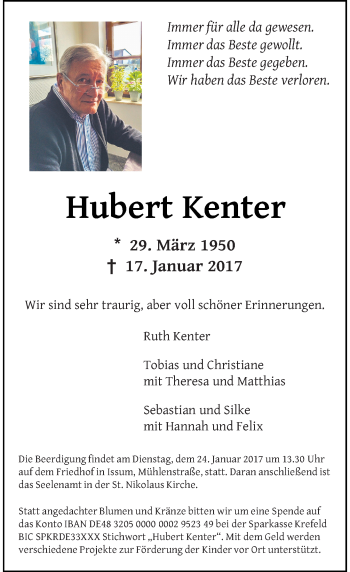 Todesanzeige von Hubert Kenter von Rheinische Post