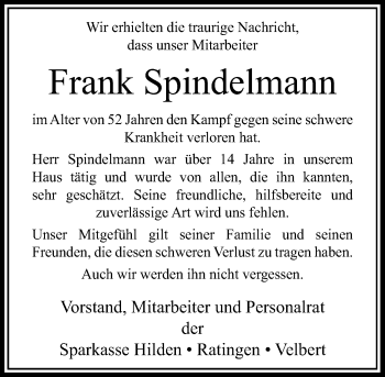 Todesanzeige von Frank Spindelmann von Rheinische Post