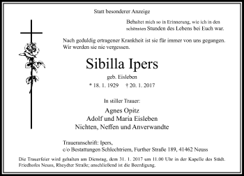 Todesanzeige von Sibilla Ipers von Rheinische Post