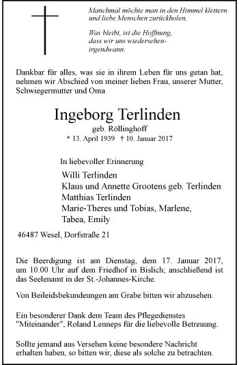 Todesanzeige von Ingeborg Terlinden von Rheinische Post