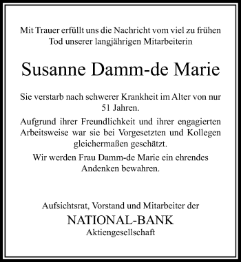 Todesanzeige von Susanne Damm-de Marie von Rheinische Post