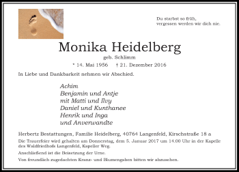 Todesanzeige von Monika Heidelberg von Rheinische Post