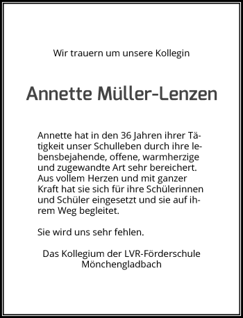 Todesanzeige von Annette Müller-Lenzen von Rheinische Post