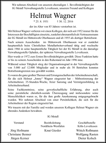 Todesanzeige von Helmut Wagner von Rheinische Post