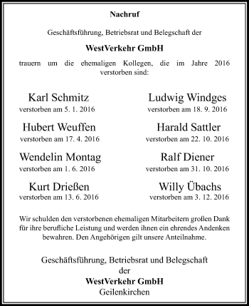 Todesanzeige von WestVerkehr GmbH trauert um von Rheinische Post