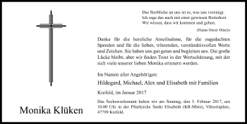 Todesanzeige von Monika Klüken von Rheinische Post