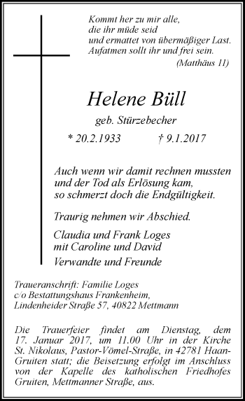 Todesanzeige von Helene Büll von Rheinische Post