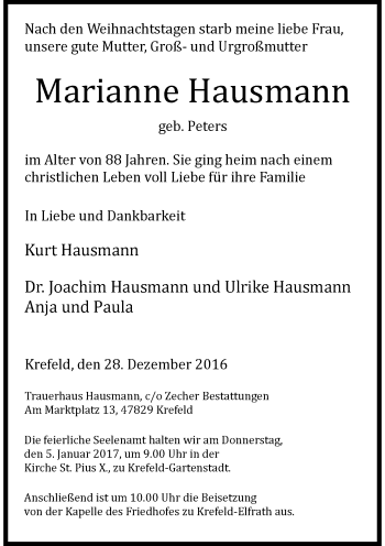 Todesanzeige von Marianne Hausmann von Rheinische Post