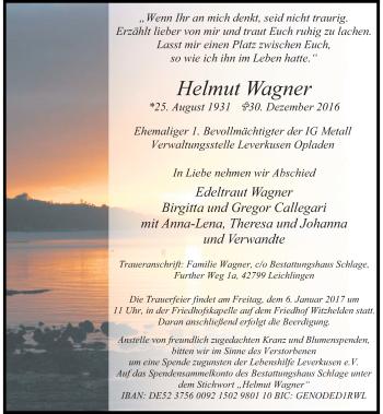 Todesanzeige von Helmut Wagner von Rheinische Post
