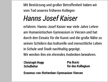 Todesanzeige von Hanns Josef Kaiser von Rheinische Post