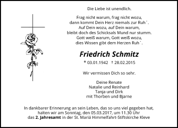 Todesanzeige von Friedrich Schmitz von Rheinische Post