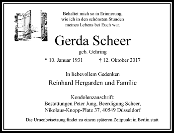 Todesanzeige von Gerda Scheer von Rheinische Post