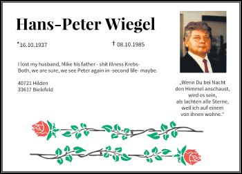 Todesanzeige von Hans-Peter Wiegel von Rheinische Post