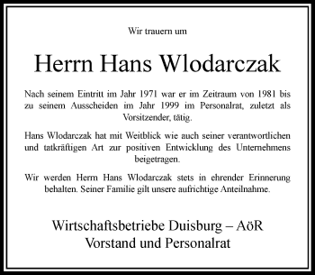 Todesanzeige von Hans Wlodarczak von Rheinische Post