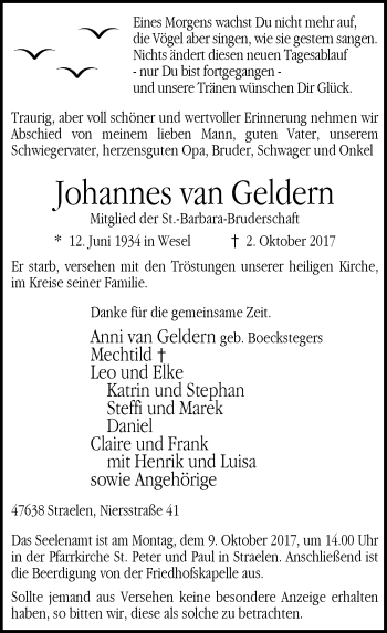 Todesanzeige von Johannes van Geldern von Rheinische Post