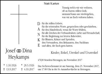 Todesanzeige von Josef und Dina Heykamps von Rheinische Post