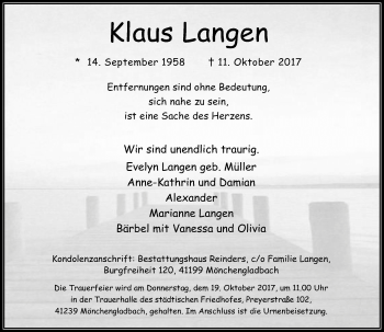 Todesanzeige von Klaus Langen von Rheinische Post