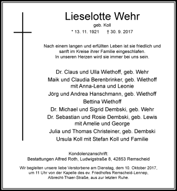 Todesanzeige von Lieselotte Wehr von Rheinische Post