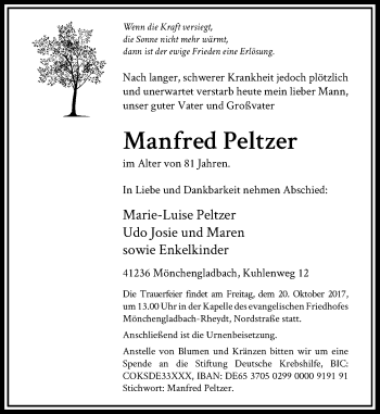 Todesanzeige von Manfred Peltzer von Rheinische Post