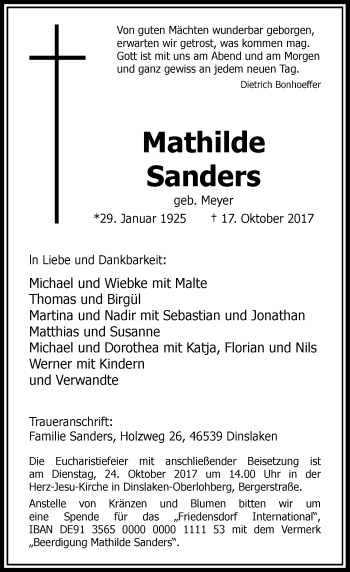 Todesanzeige von Mathilde Sanders von Rheinische Post