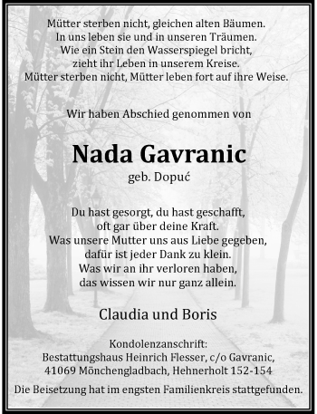 Todesanzeige von Nada Gavranic von Rheinische Post