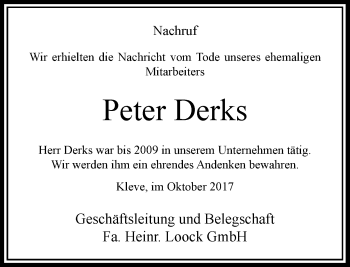 Todesanzeige von Peter Derks von Rheinische Post