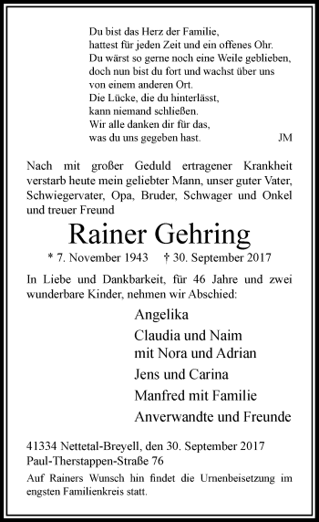 Todesanzeige von Rainer Gehring von Rheinische Post