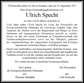 Todesanzeige von Ulrich Specht von Rheinische Post