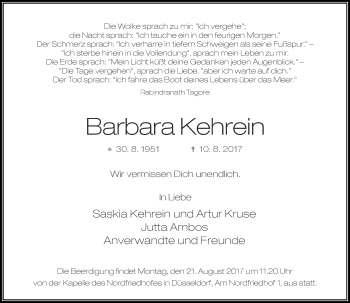 Todesanzeige von Barbara Kehrein von Rheinische Post
