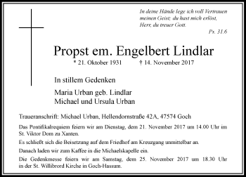 Todesanzeige von Engelbert Lindlar von Rheinische Post