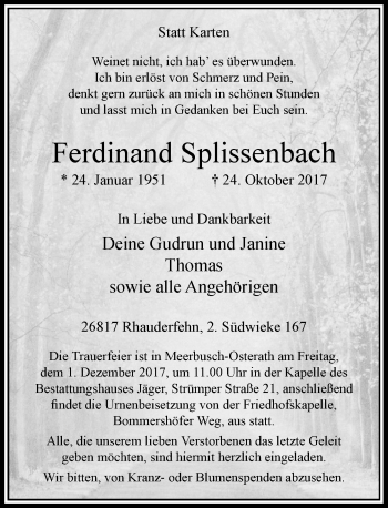 Todesanzeige von Ferdinand Splissenbach von Rheinische Post