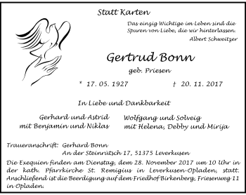Todesanzeige von Gertrud Bonn von Rheinische Post