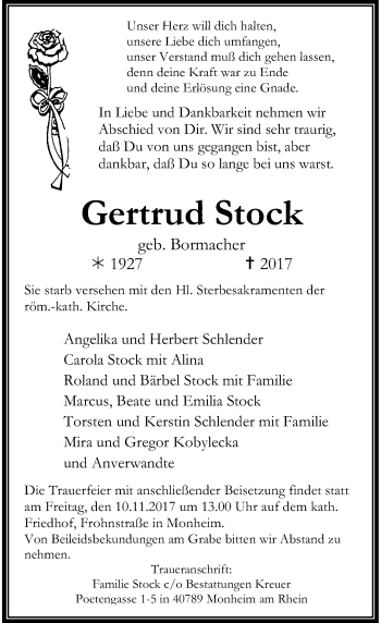 Todesanzeige von Gertrud Stock von Rheinische Post