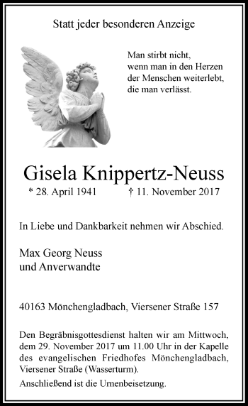 Todesanzeige von Gisela Knippertz-Neuss von Rheinische Post