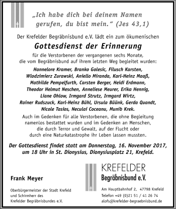 Todesanzeige von Gottesdienst der Erinnerung  von Rheinische Post