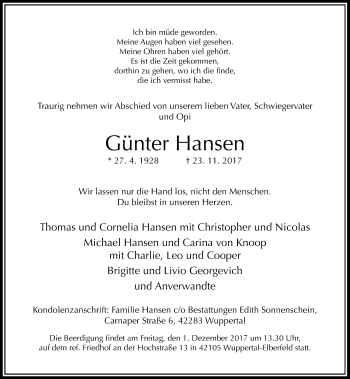 Todesanzeige von Günter Hansen von Rheinische Post