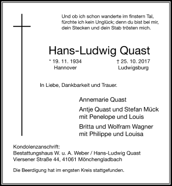 Todesanzeige von Hans-Ludwig Quast von Rheinische Post