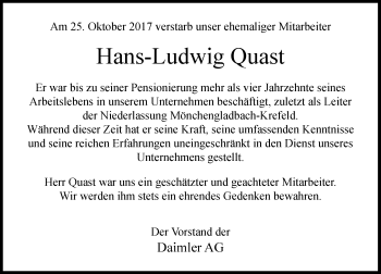 Todesanzeige von Hans-Ludwig Quast von Rheinische Post